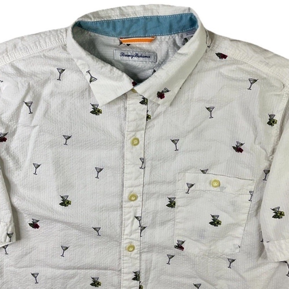 Tommy Bahama Mens XL Cocktail Martini Print Button Up Shirt White Cotton Tencel